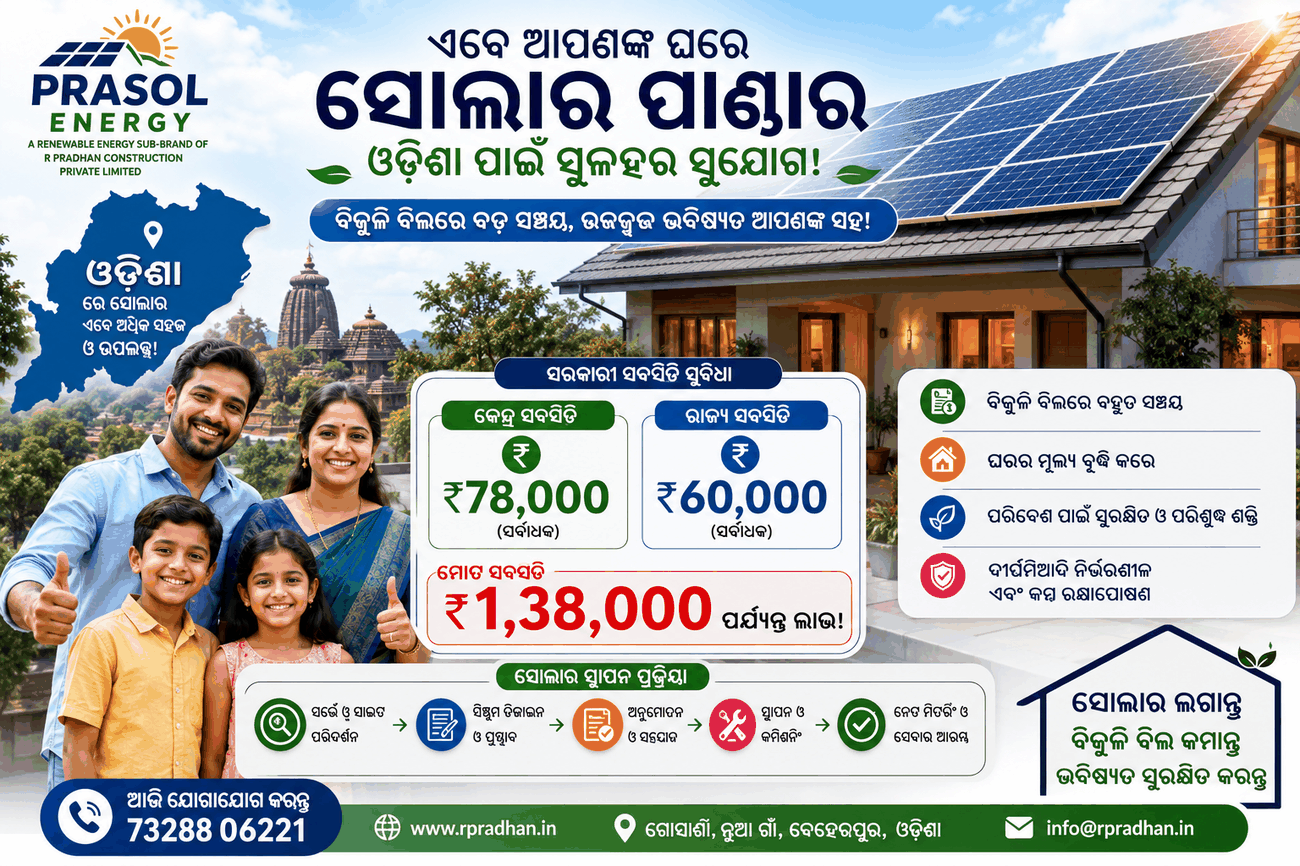 Residential rooftop solar panel installation on home in Odisha by PRASOL ENERGY