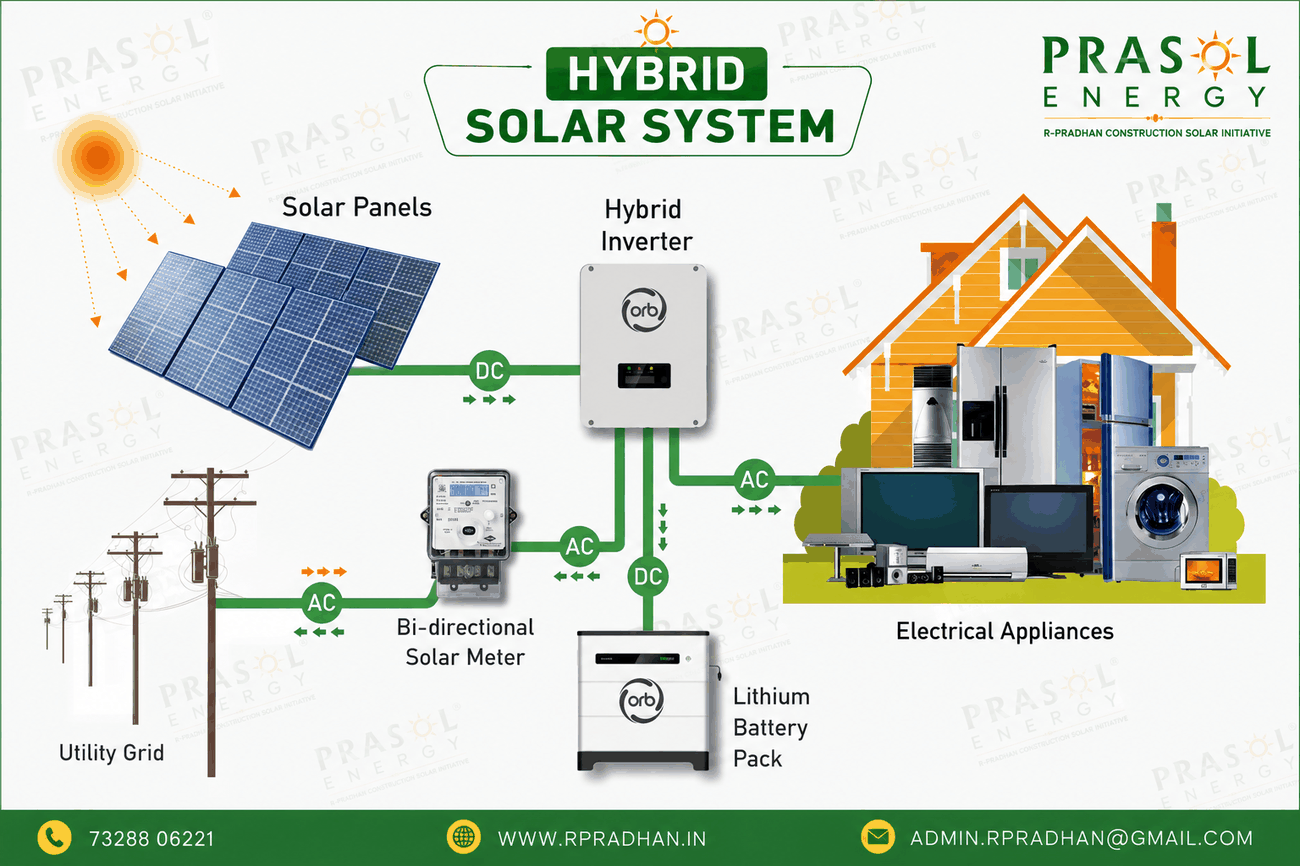 Hybrid rooftop solar system diagram with battery backup storage by PRASOL ENERGY